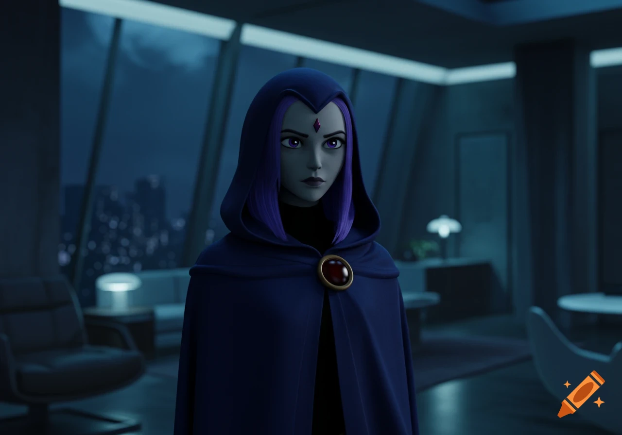 A 3D animated Raven from Teen Titans, wearing her dark blue hooded cloak, stands in a dimly lit modern room.