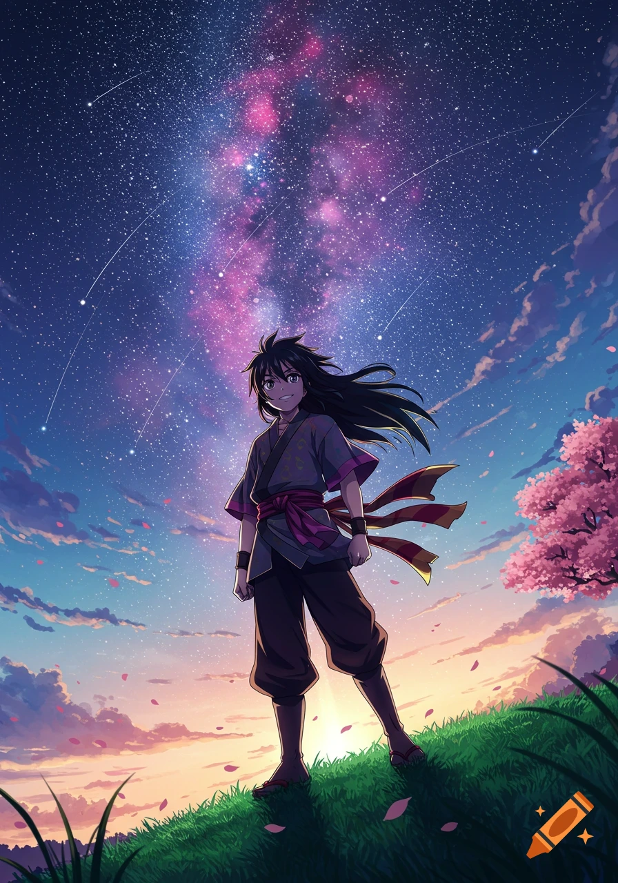 Anime character with dark hair stands on a grassy hill at twilight, gazing at a vibrant starry sky and a cherry blossom tree.