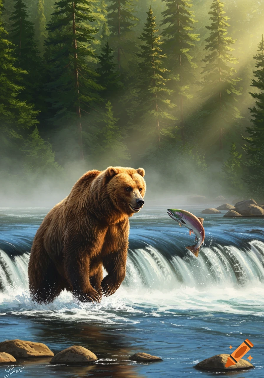 A brown bear stands in a river near a waterfall, watching a salmon jump out of the water. Sunlight streams through a misty forest.