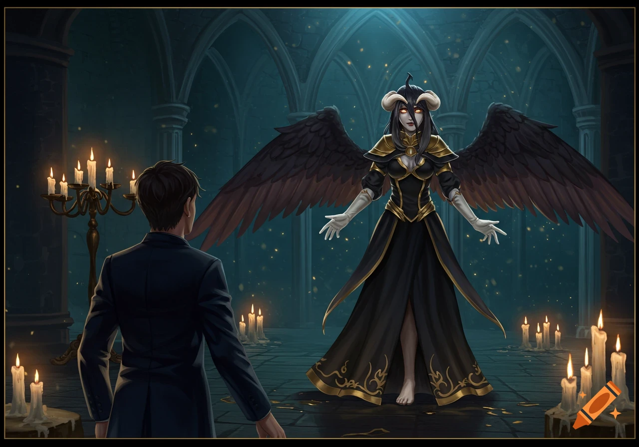A man in a suit faces a winged woman with horns and a black dress in a dark, candlelit gothic hall.