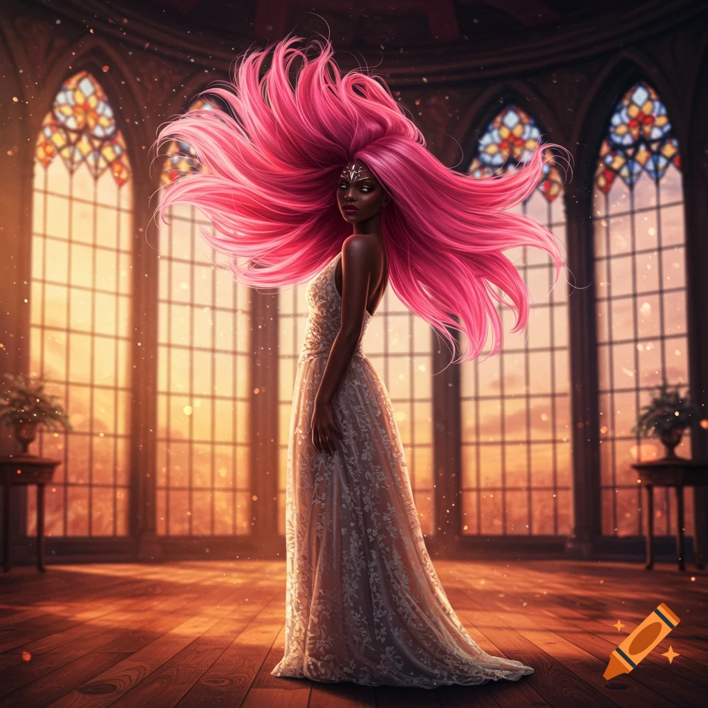 A dark-skinned woman with voluminous bright pink hair wears a white lacy dress in a grand hall with stained glass windows.