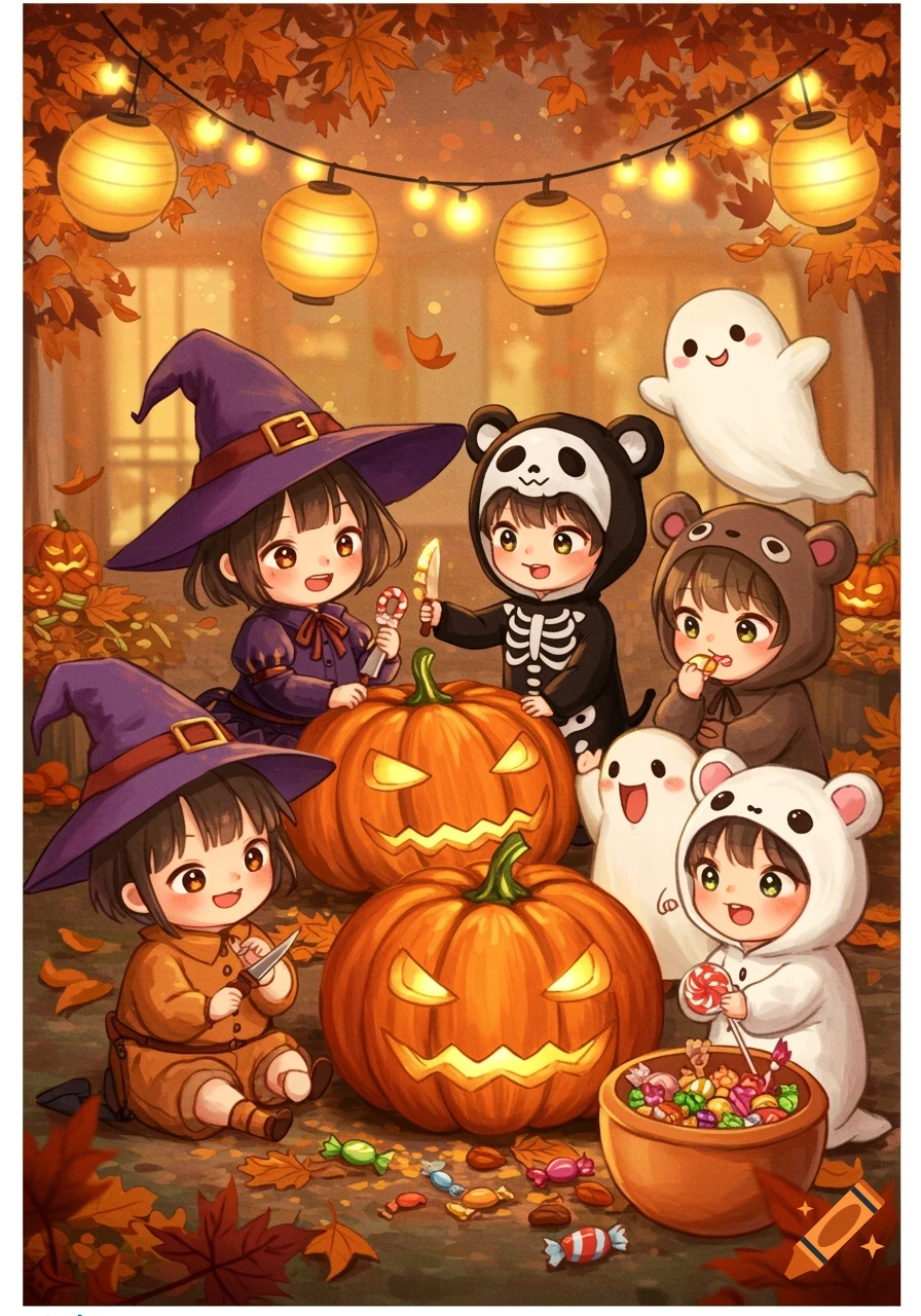 Cute anime kids in Halloween costumes carving pumpkins and eating candy under string lights and autumn leaves.