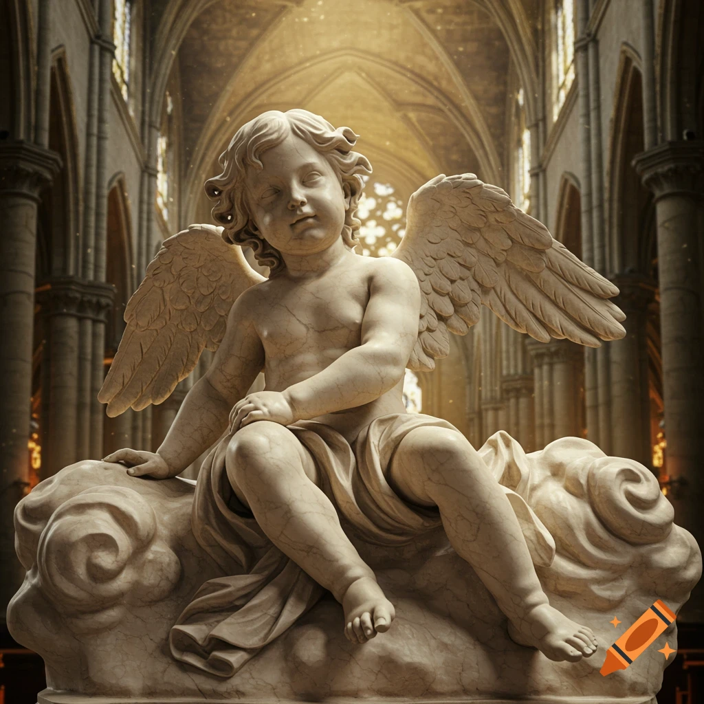 Highly detailed Baroque marble sculpture of a cherub angel with delicate wings, seated on clouds in a dramatically lit cathedral.