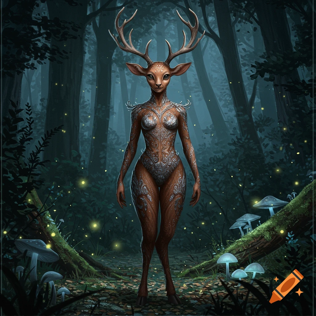 A deer-like faun with antlers and an ornate bodysuit stands in a dark, enchanted forest with glowing lights and mushrooms.