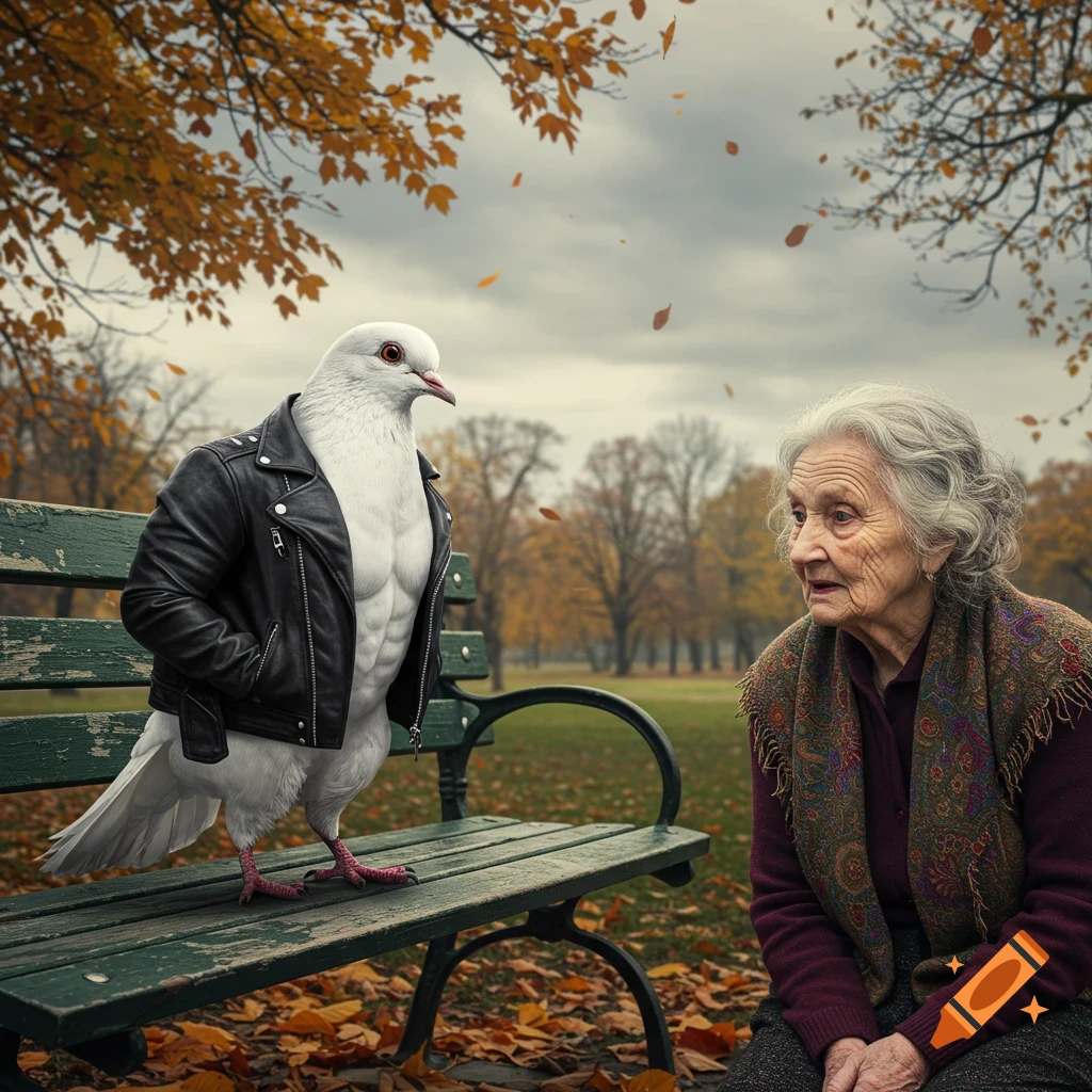 A muscular white pigeon in a leather jacket stands on a park bench, looking at an old woman sitting on the ground in an autumn park.