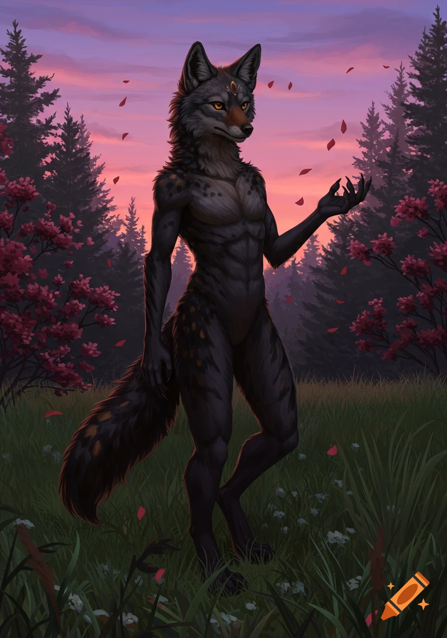 Digital art of a muscular bipedal coyote with black fur and spots, standing in a forest at sunset with red petals falling around it.