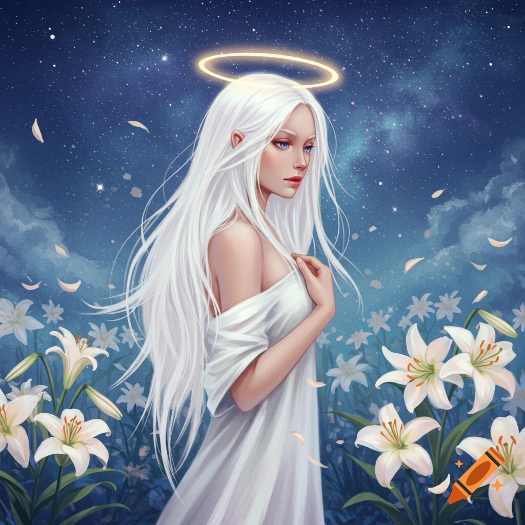An angelic woman with long white hair and a halo stands in a field of white lilies under a starry night sky, digital art.