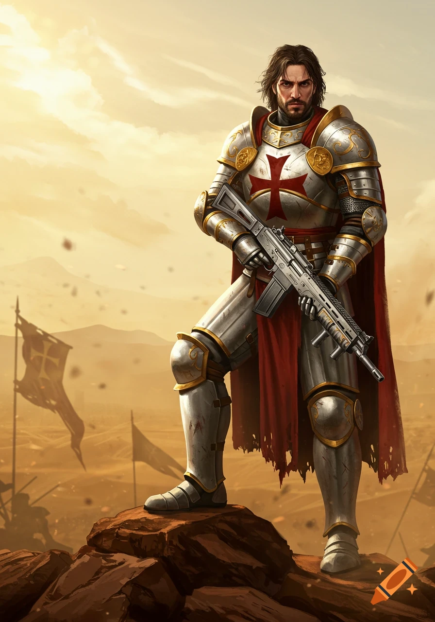 A digital painting of a crusader in shining armor holding an assault rifle, standing on rocks in a desert battlefield with flags.
