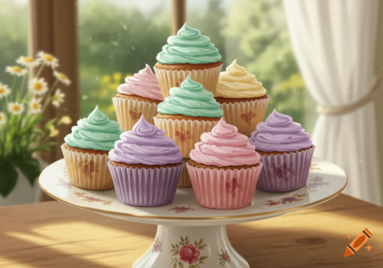 A tiered cake stand filled with colorful cupcakes in mint green, pink, purple, and yellow frosting, in an illustrative style.