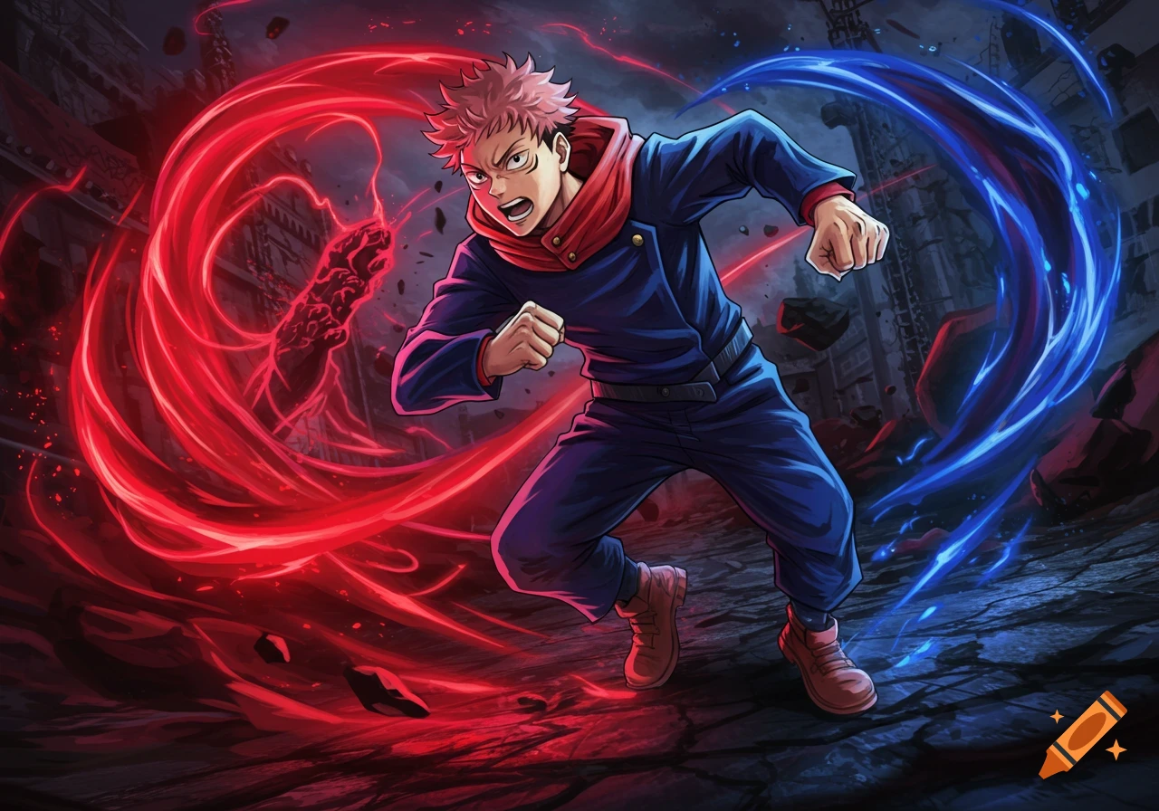 Anime character Yuji Itadori runs forward, surrounded by swirling red and blue energy against a destroyed city background.