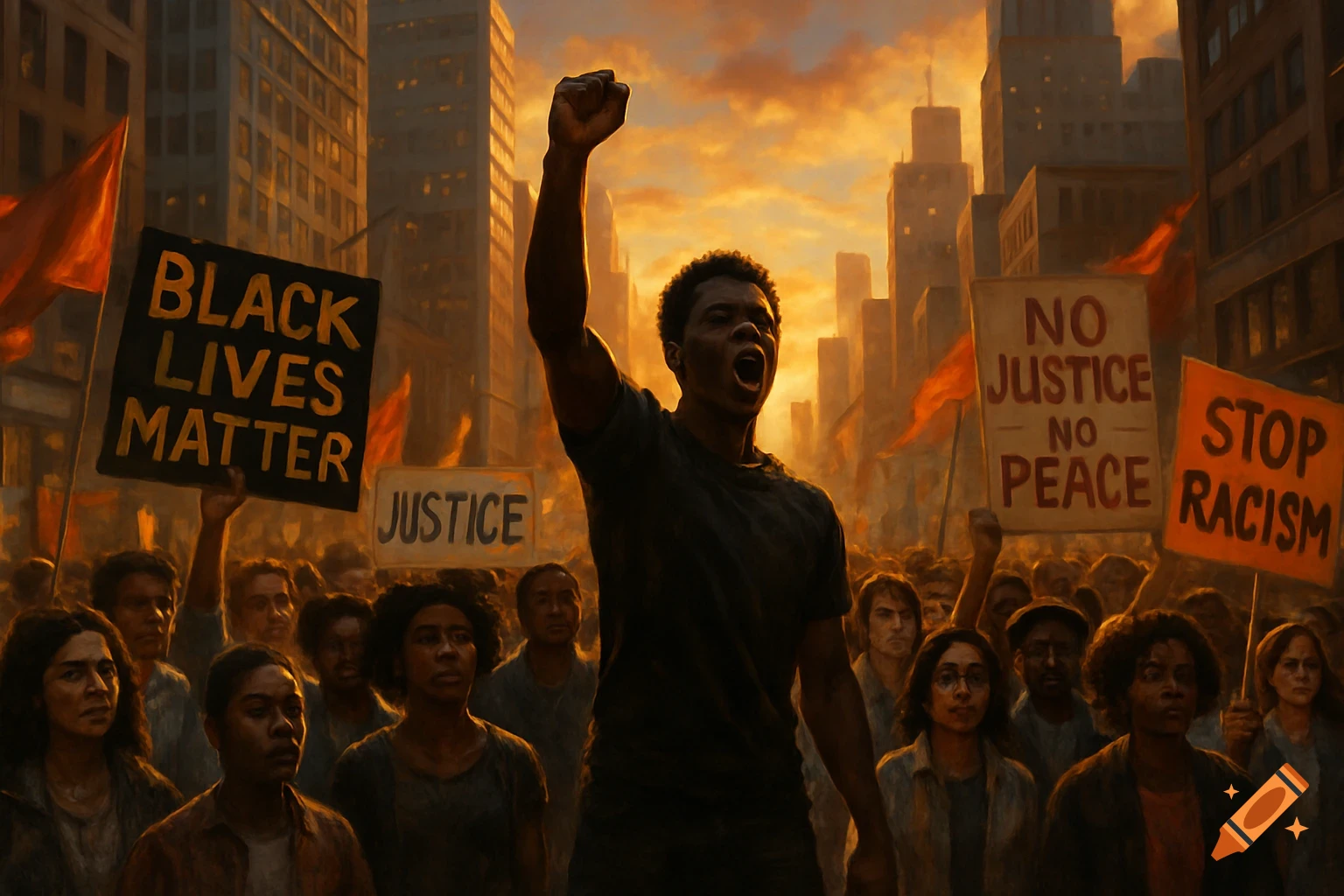 Digital painting of an impassioned man with a raised fist leading a Black Lives Matter protest at sunset, with signs like 'JUSTICE' and 'STOP RACISM'.