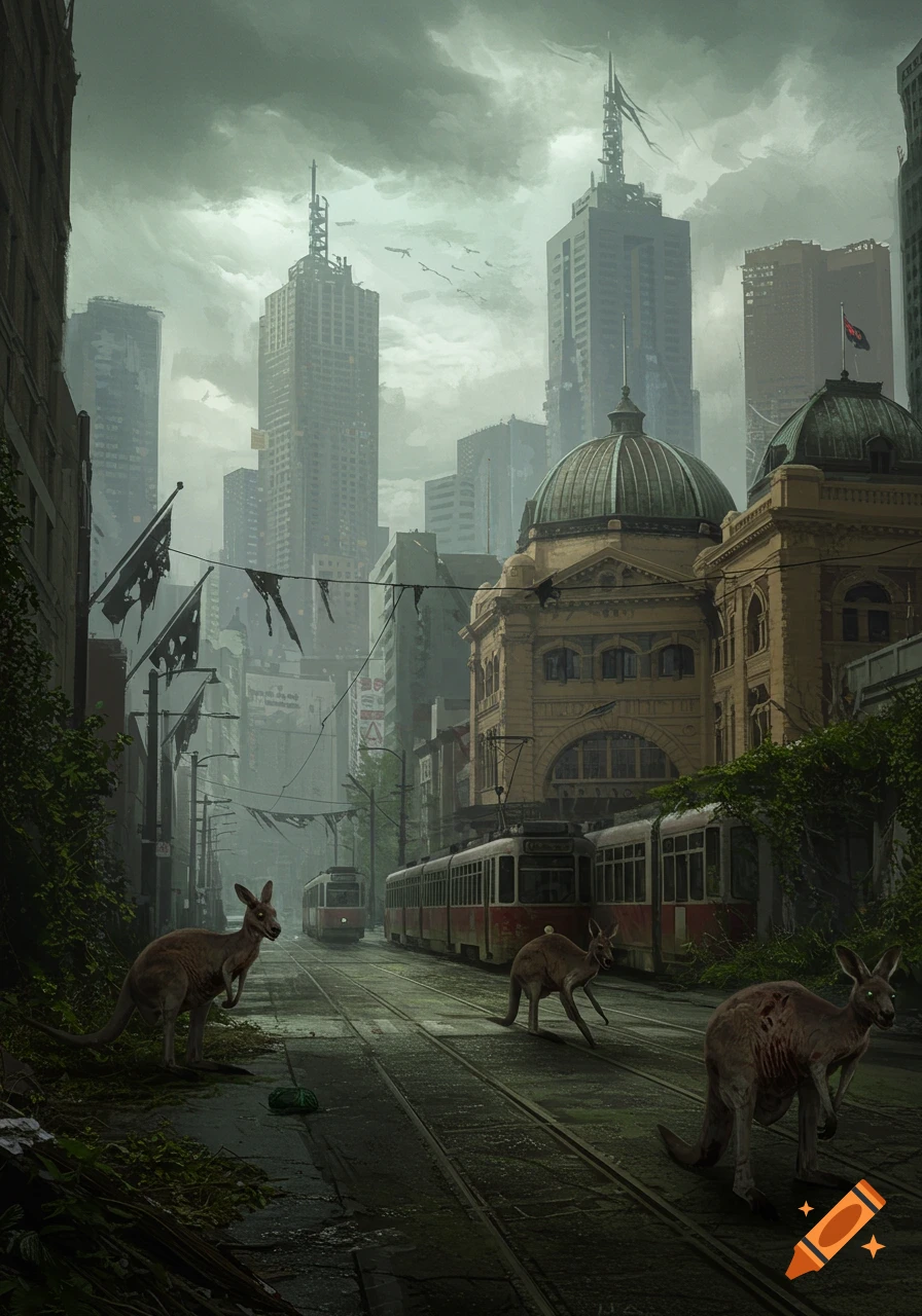 Digital art of an abandoned, overgrown Melbourne city street with injured kangaroos and decaying trams under a gloomy sky.