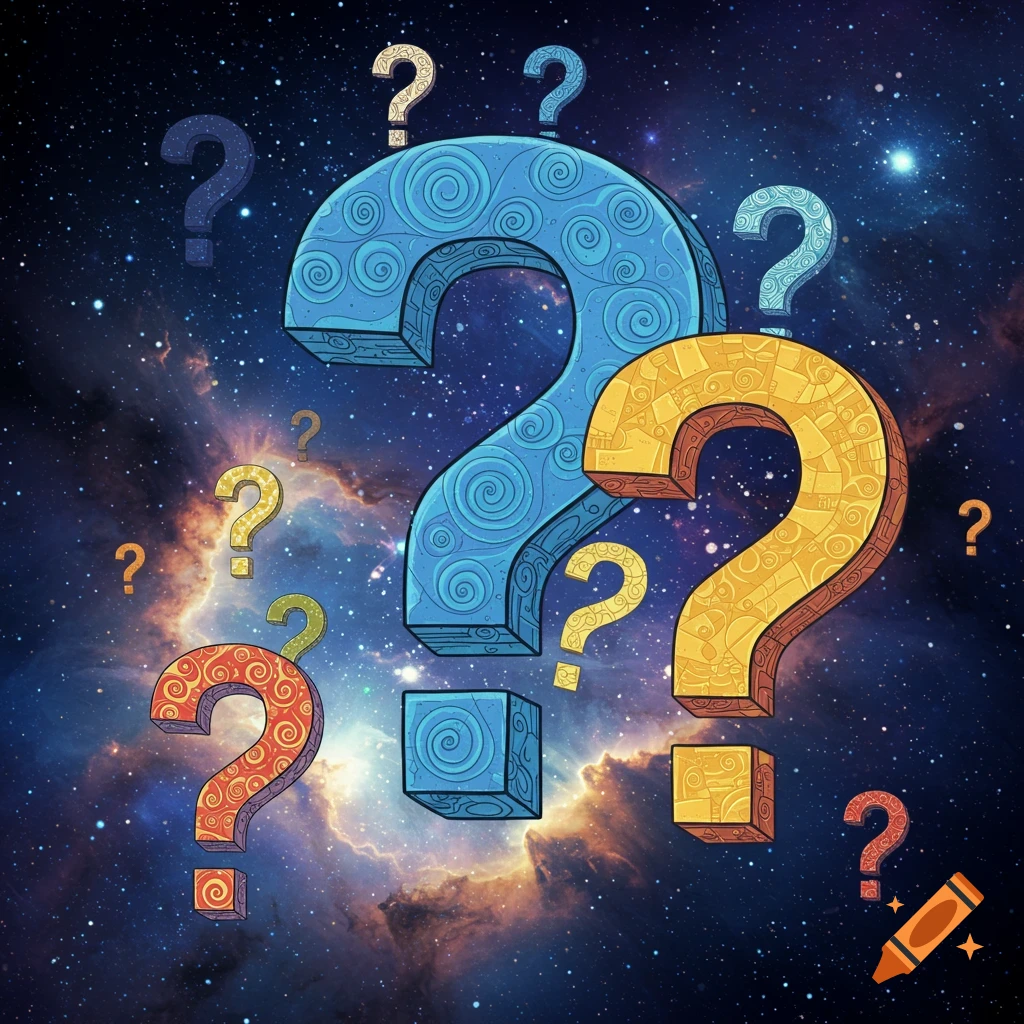 Stylized blue, gold, and red question marks with intricate patterns float against a vibrant nebula and star-filled cosmic background.