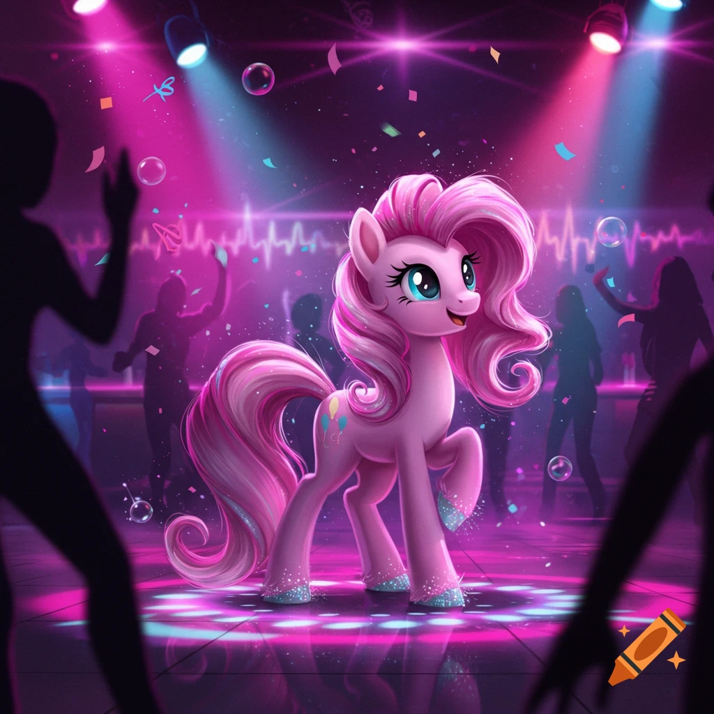 A cheerful pink cartoon pony with a flowing mane dances in a vibrant, neon-lit club, surrounded by silhouetted figures.
