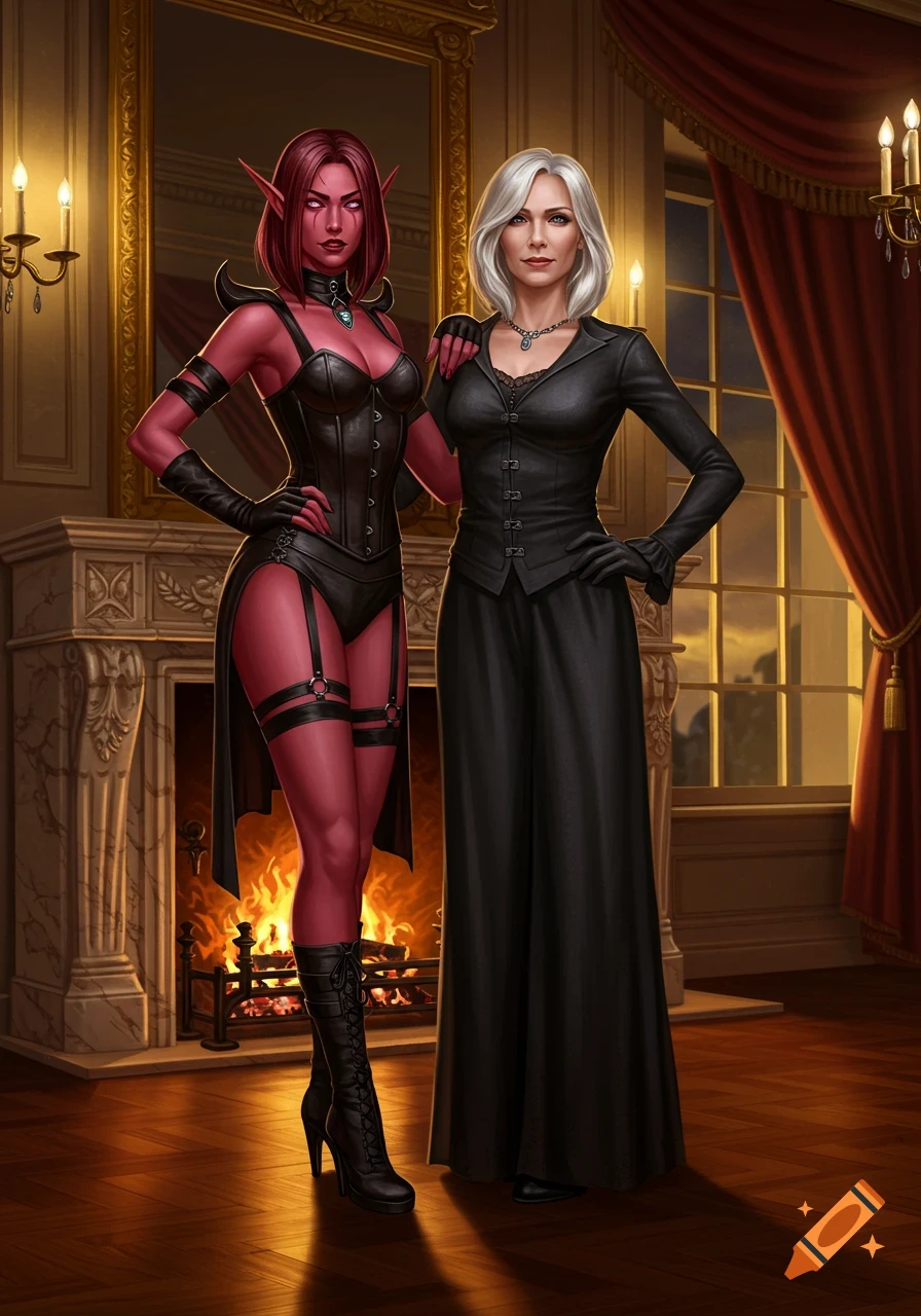 A red-skinned elf in a black leather corset and garter straps stands next to a woman in a black jacket and long skirt in a grand room.