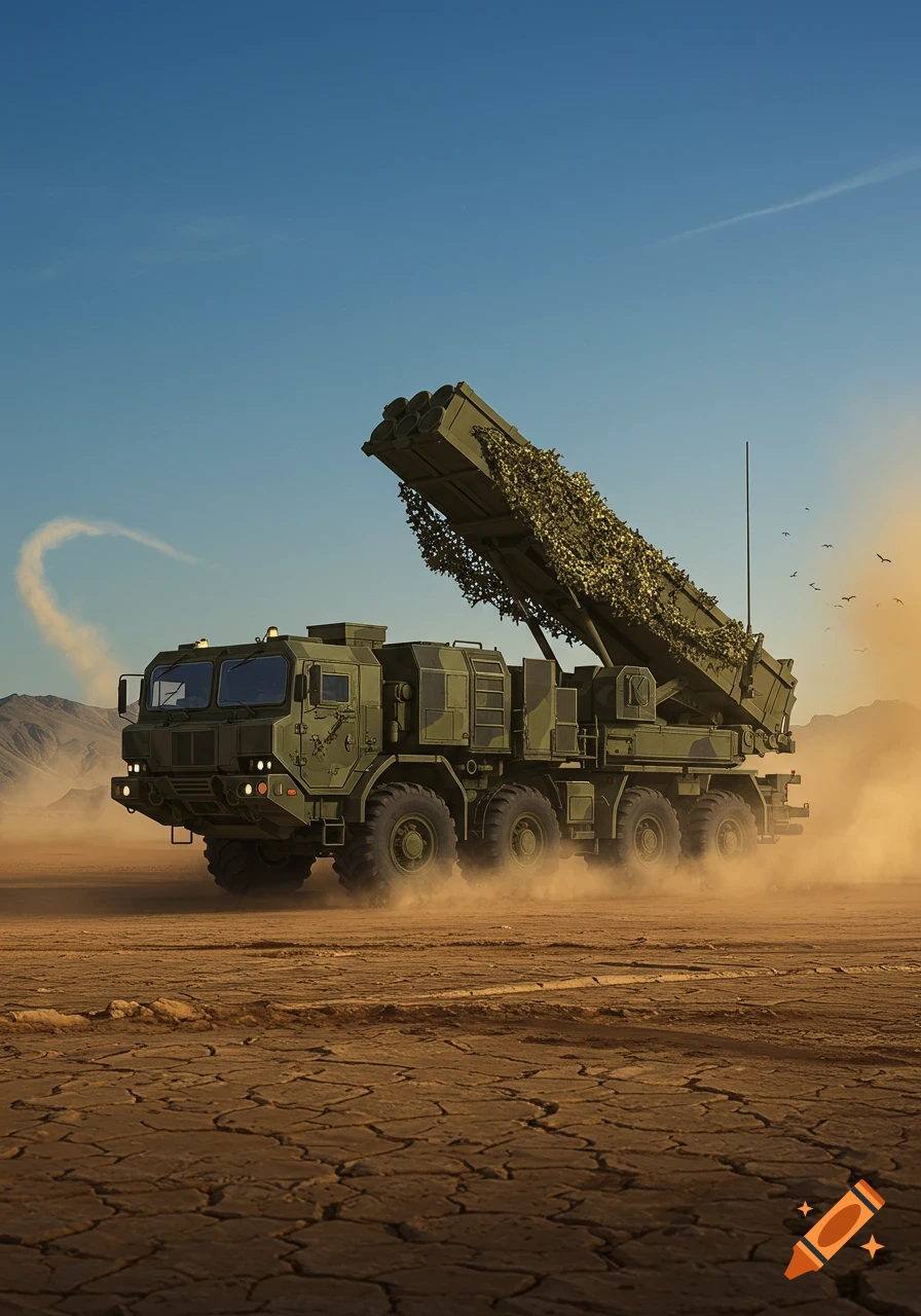 A large green military missile launcher truck drives through a cracked desert, kicking up dust under a clear sky.