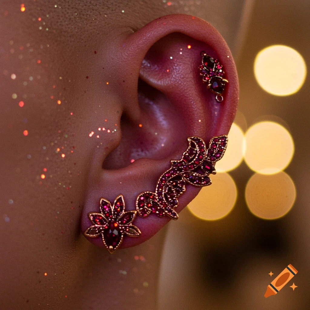 Close-up of an ear adorned with ornate sangria-colored jewelry and glitter, against a blurred bokeh background.