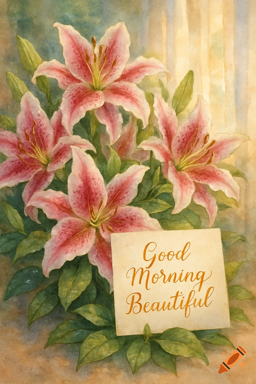Watercolor painting of pink stargazer lilies with a card saying 'Good Morning Beautiful'.