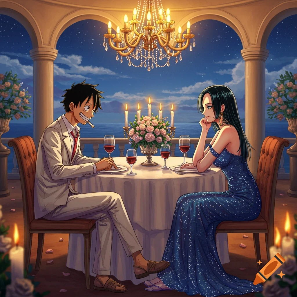 Luffy and Boa Hancock enjoy a romantic candlelit dinner on an outdoor balcony overlooking the ocean at night, in an anime style.