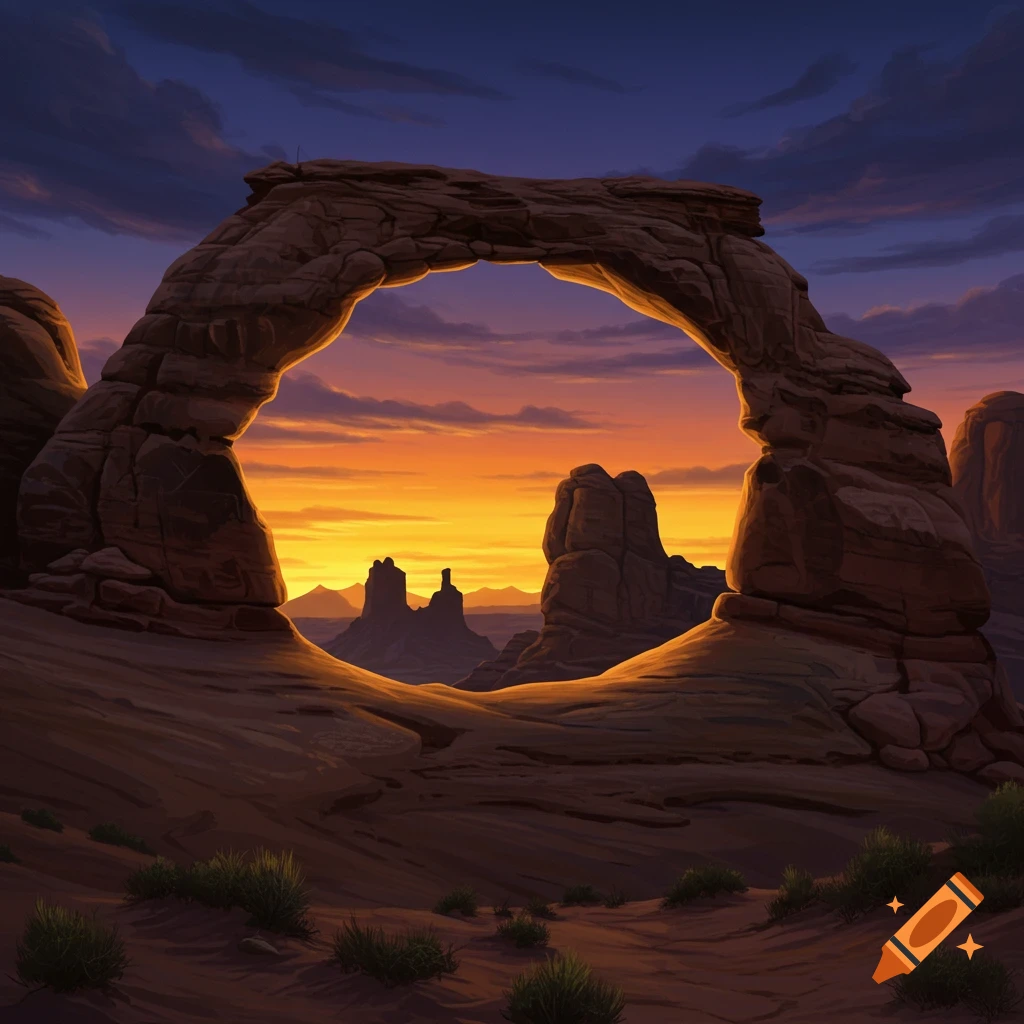 Stylized illustration of a natural rock arch framing a vibrant sunset over a desert landscape with distant mountains.