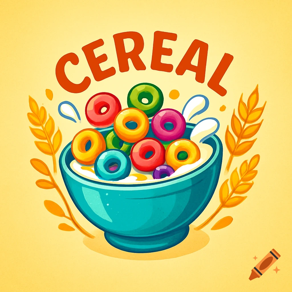 Vibrant illustration of a teal bowl filled with colorful cereal and milk, with 'CEREAL' text above and wheat stalks.