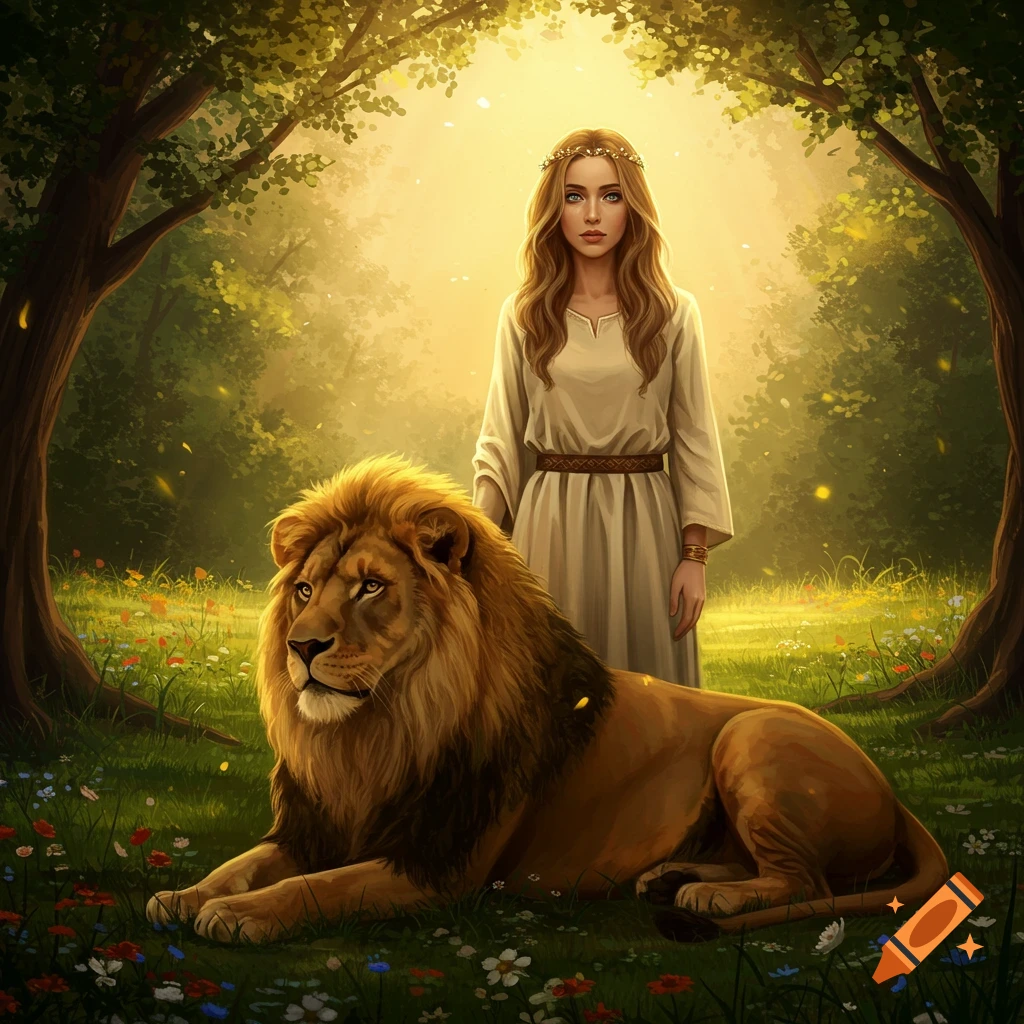 A young woman with long wavy hair and a gold crown stands in a sunlit forest next to a large lion lying in the grass.