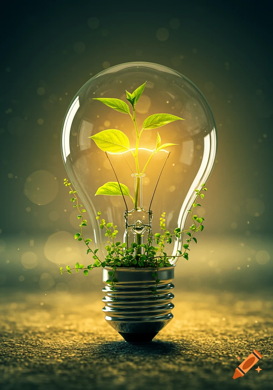 Photorealistic image of a vibrant green plant growing inside a glowing light bulb, symbolizing sustainable energy.