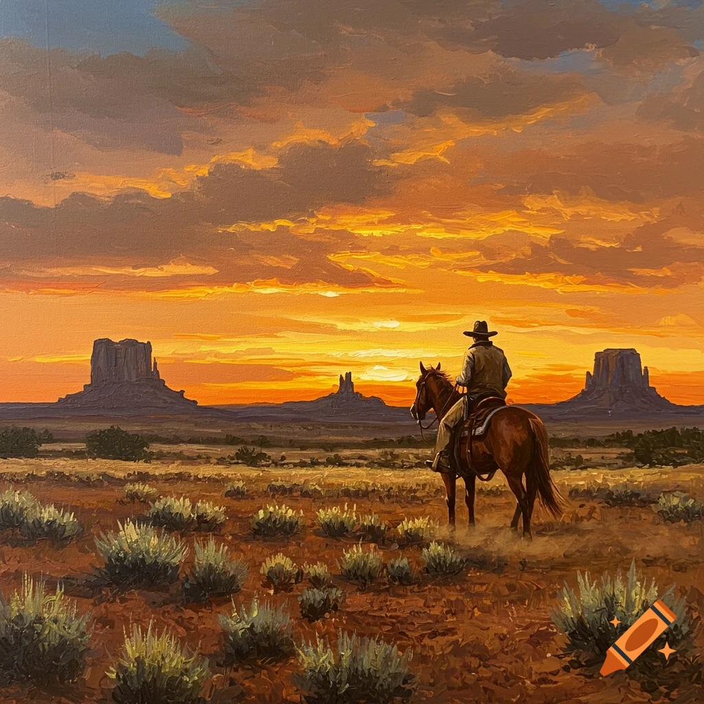 A cowboy on horseback surveys a vast desert landscape with buttes at sunset, in an acrylic painting style.