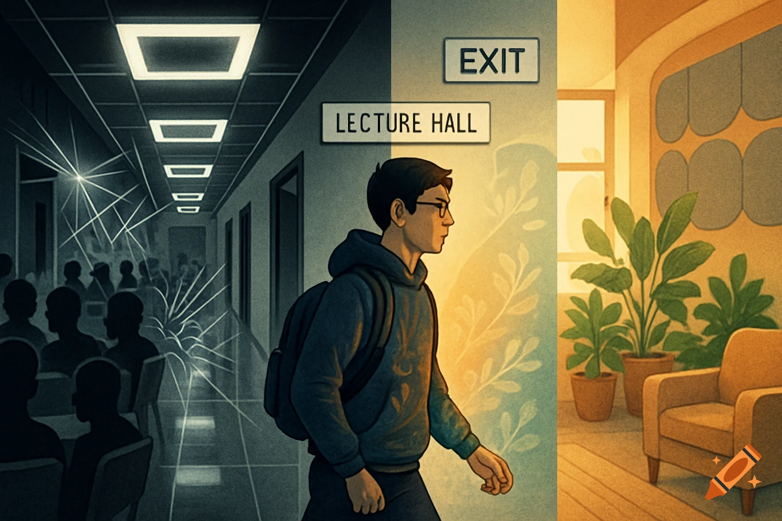 An illustration of a student with a backpack walking from a dark, crowded lecture hall into a bright, plant-filled, calm room, labeled 'EXIT' and 'LECTURE HALL'.