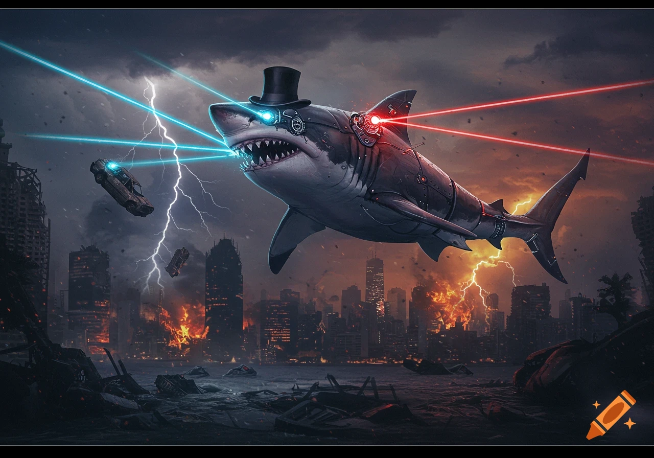 A cyborg shark in a top hat shoots blue and red lasers from its eyes, destroying a stormy, burning city at night.