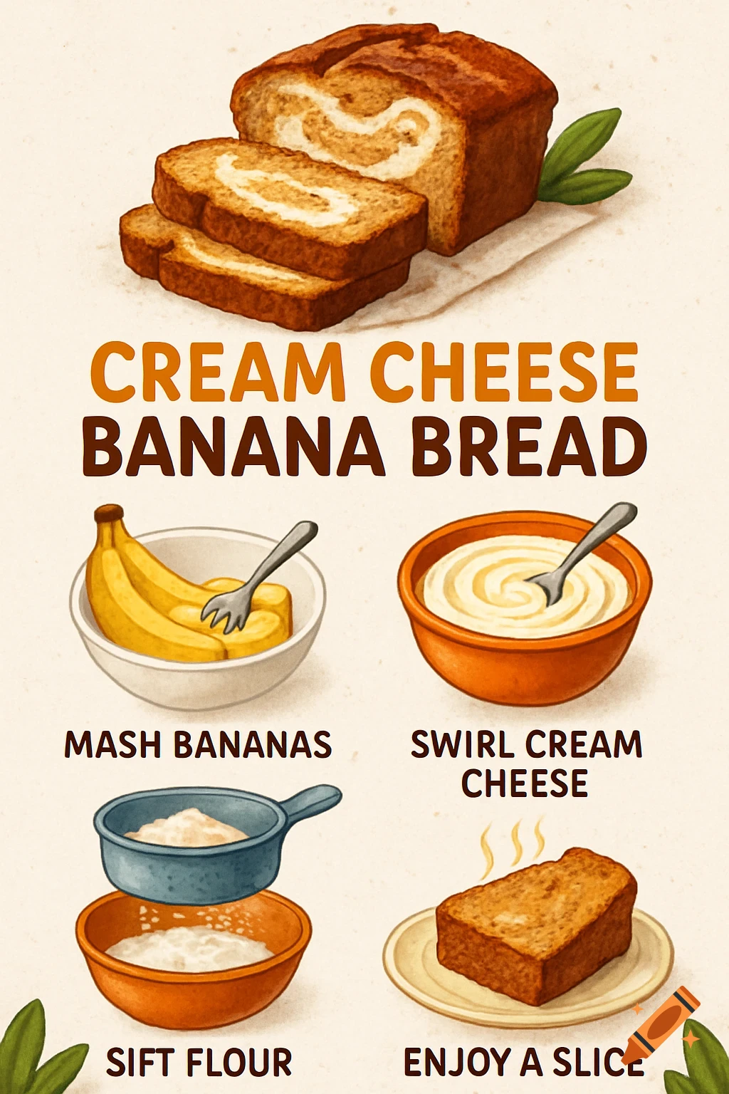 An infographic illustrating a Cream Cheese Banana Bread recipe. It shows a loaf of bread, ingredients, and four steps: mash bananas, swirl cream cheese, sift flour, and enjoy a slice. Stylized illustration.