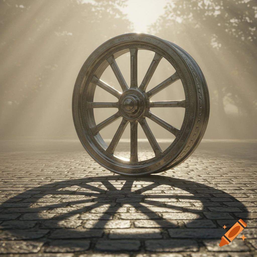 A detailed, ornate wheel stands upright on a cobblestone path, bathed in golden sunlight filtering through trees.