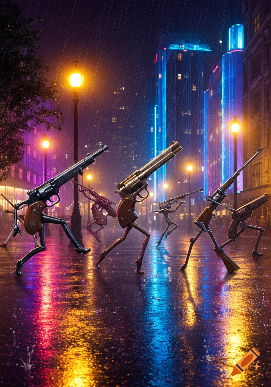 Anthropomorphic firearms with legs dancing on a wet city street at night under streetlights and neon signs in the rain.