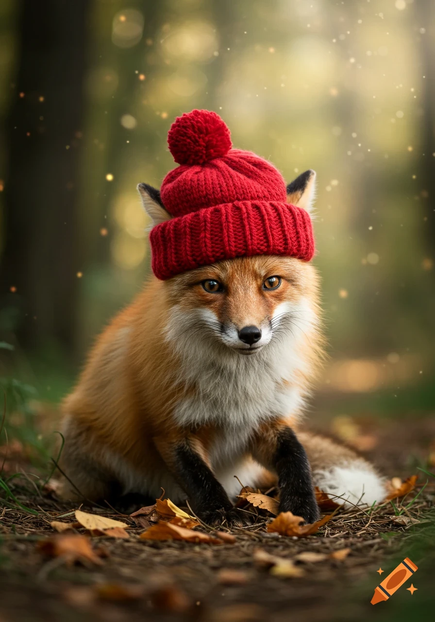 A photorealistic red fox wearing a red knitted bobble hat sits among autumn leaves in a forest with bokeh lights.