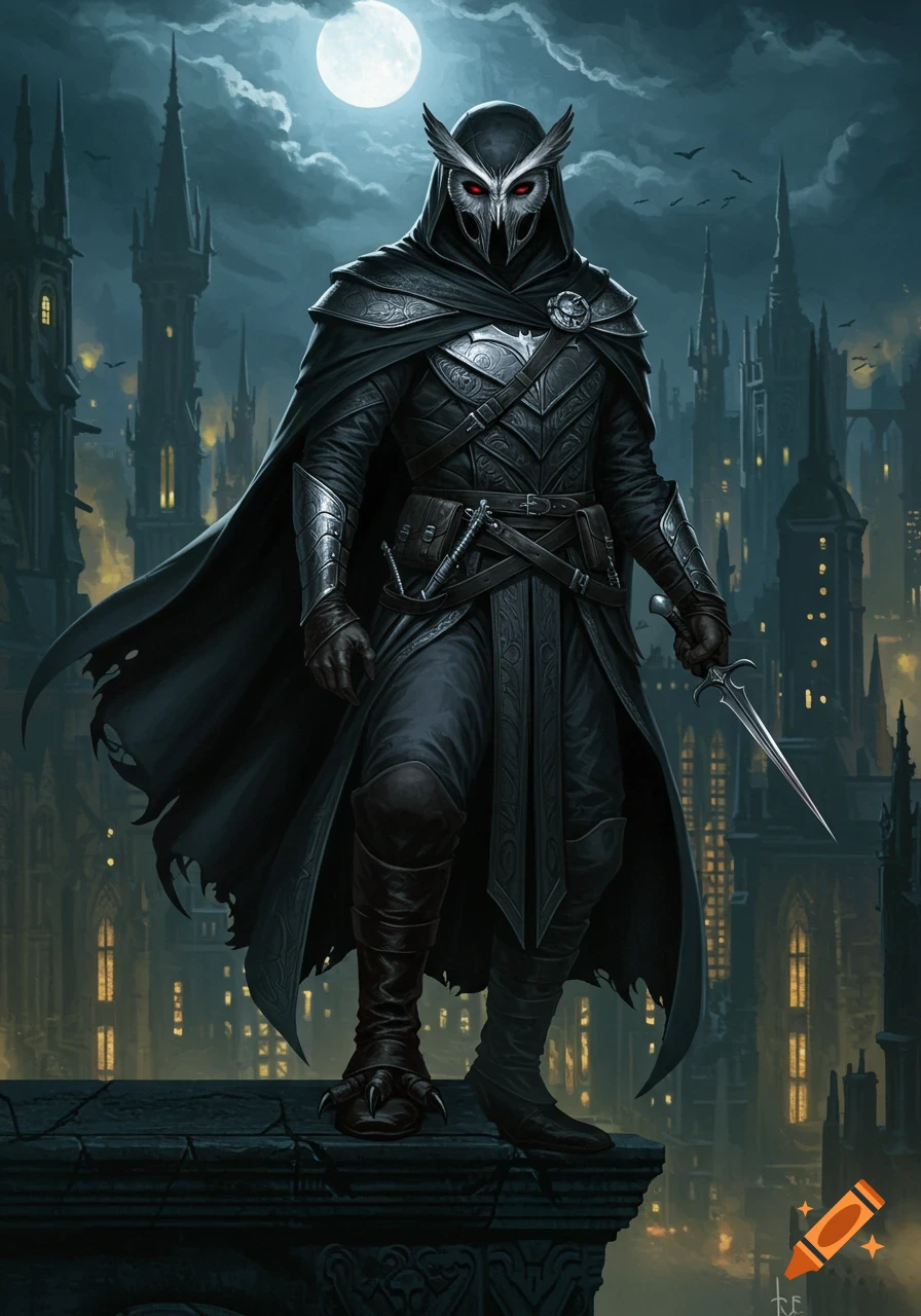 A dark fantasy art piece shows an owl-masked assassin in black armor and cloak standing on a gothic rooftop under a full moon.