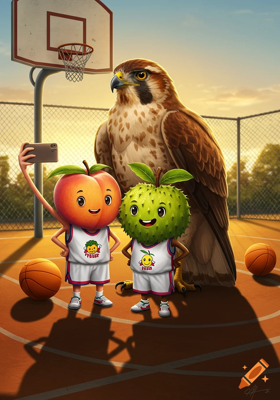 A regal hawk, a cute smiling peach, and a cute smiling soursop, all wearing basketball jerseys, take a selfie on a court.