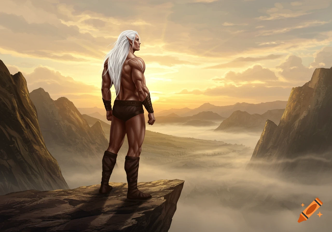 A muscular man with long white hair and elf ears stands on a cliff edge, looking out over a misty mountain valley at sunset.