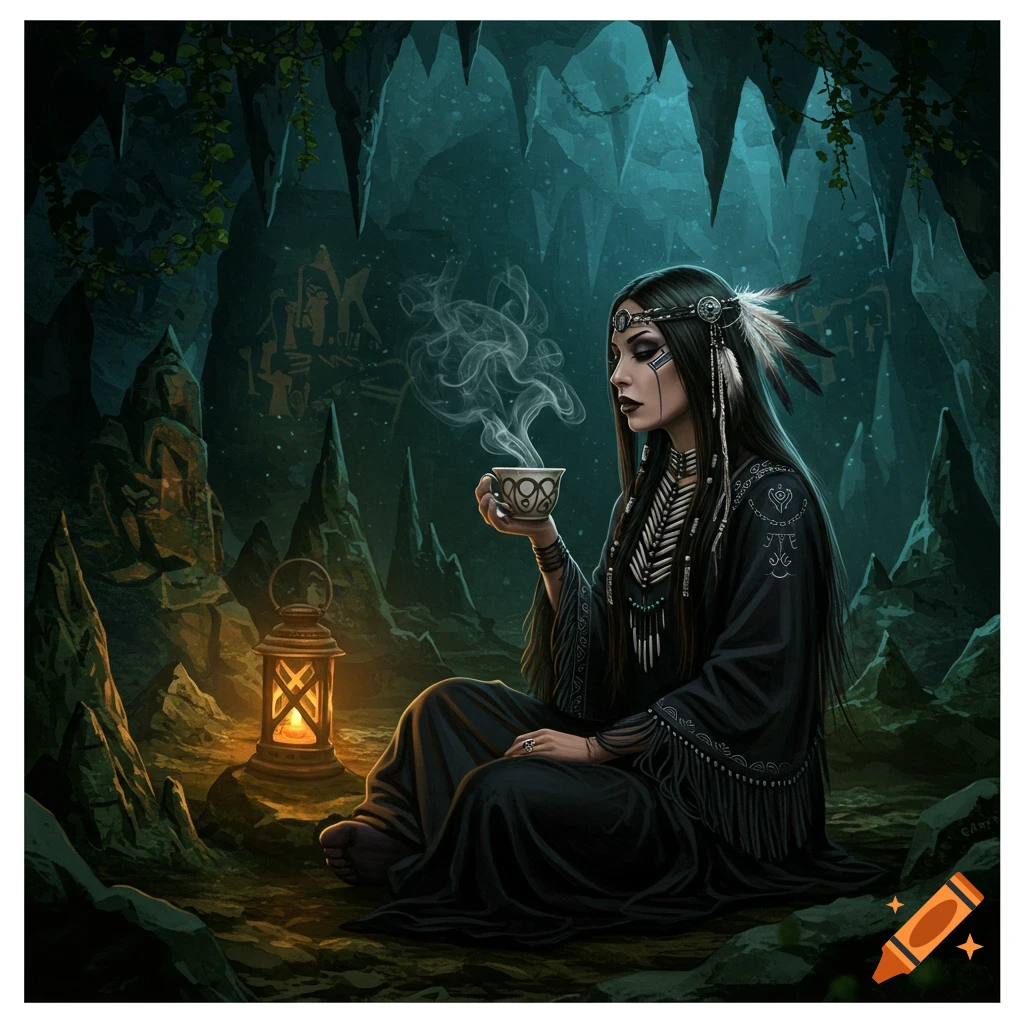 A Native American goth woman sits in a dark cave, holding a steaming cup of tea, illuminated by a lantern.