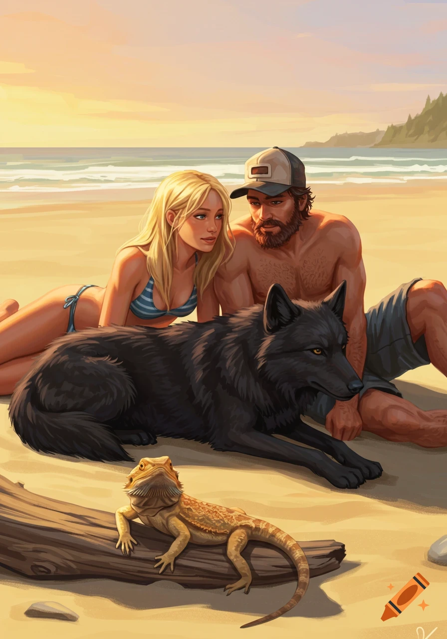 An illustration of a blonde woman, a bearded man, a black wolf, and a bearded dragon relaxing on a sandy beach at sunset.