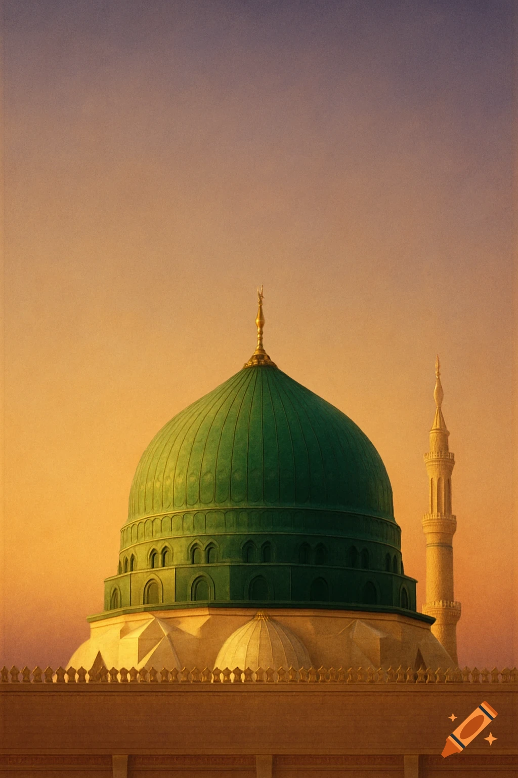 The Green Dome of the Prophet's Mosque and a minaret against a gradient orange and purple sky.