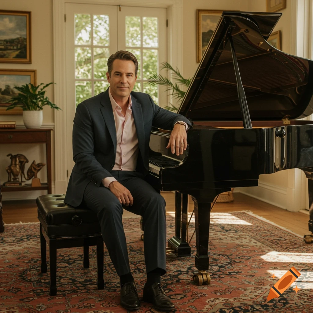A man in a suit sits casually on a bench next to a grand piano in a well-lit room.
