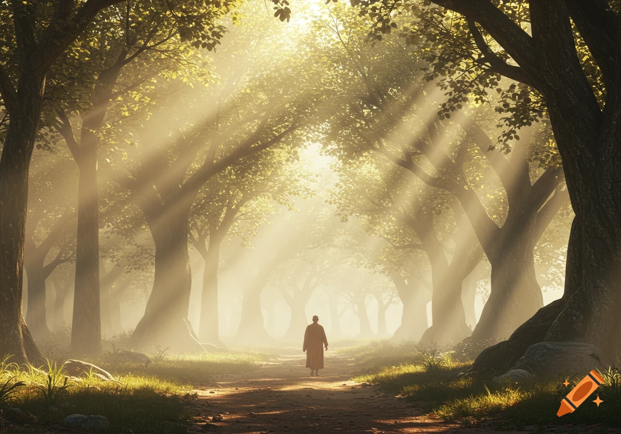 A solitary monk walks down a sun-drenched forest path, enveloped in mist and golden light, creating a serene, reflective atmosphere.