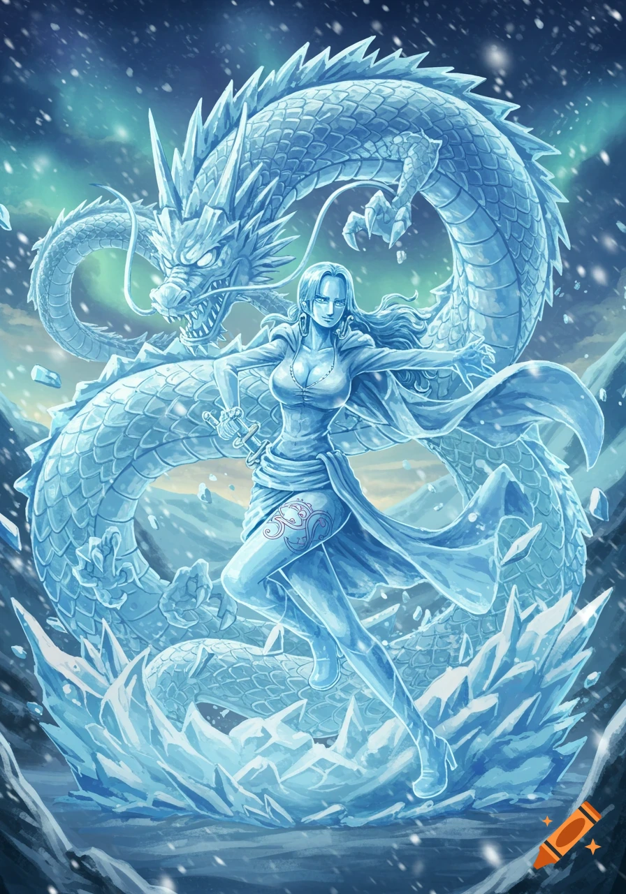 Anime character Boa Hancock as an ice statue with a large ice dragon behind her in a snowy landscape.