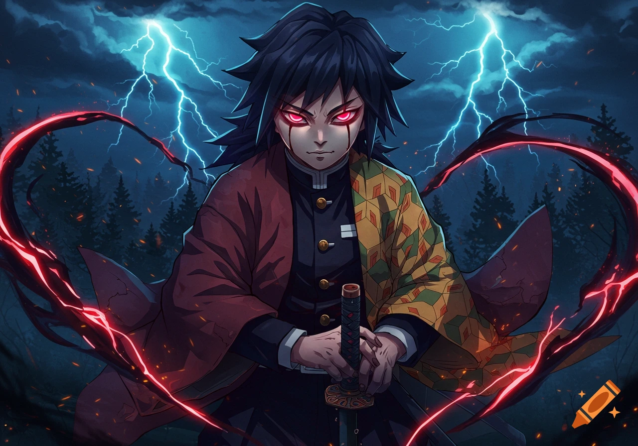 Anime-style character with dark hair, glowing red eyes, and a split haori holds a katana, surrounded by red energy and blue lightning in a dark forest.