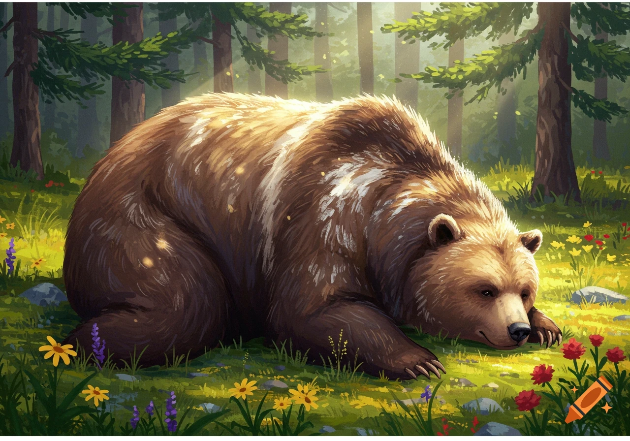 A large brown bear rests in a sunny forest clearing with wildflowers, digital art.