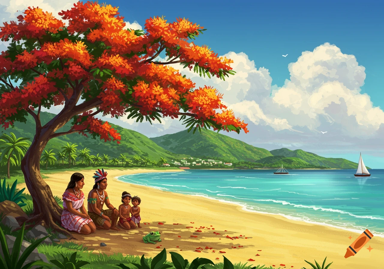 Illustrated tropical beach scene with a Taino family under a flamboyant tree, a small frog nearby, and sailboats on the turquoise sea.