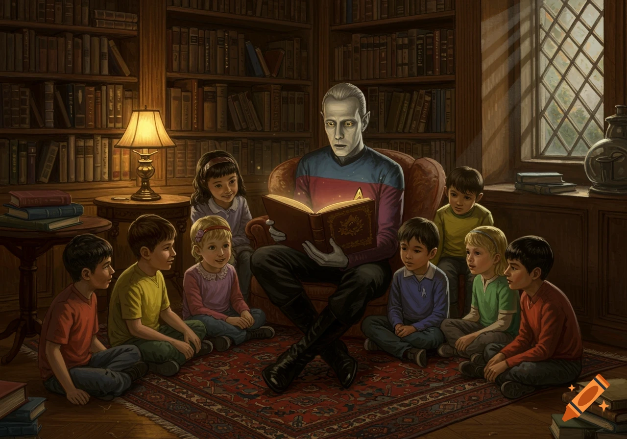 Android Data in a Starfleet uniform reads a glowing book to a group of diverse children sitting on a rug in a wood-paneled library.