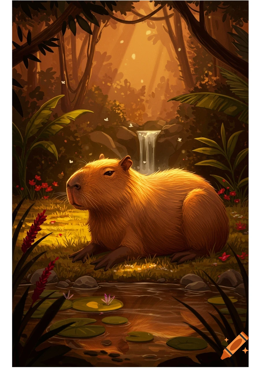 Stylized illustration of a capybara lying in a sunny jungle near a pond and waterfall.