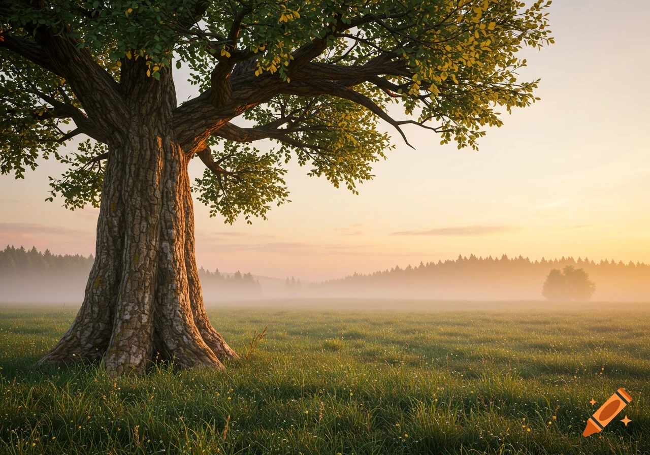A majestic oak tree stands in a misty, grassy field with a forest line in the background at sunrise.