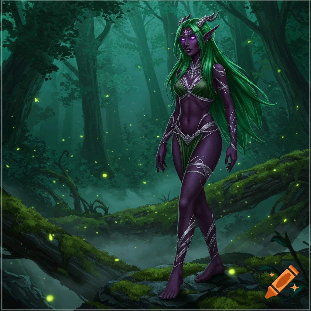 A purple-skinned drow elf with green hair and horns, in a green and silver outfit, walks in a dark, mossy forest with glowing fireflies.